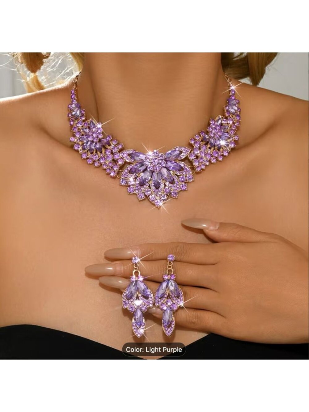 Lavender Crystal Jewelry Set - Light Purple Necklace & Earrings Gold Tone